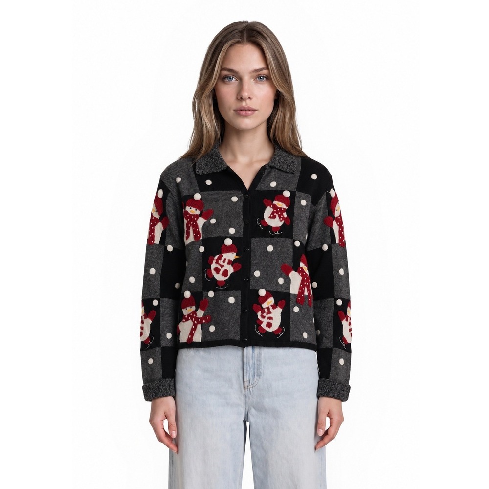 Marisa Christina Cardigan Sweater Women's Size Small Black Grey Snowman Holiday
